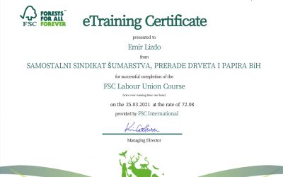 U SKLOPU AKTIVNOSTI SSŠPDP BIH U VIJEĆU ZA NADZOR ŠUMA (FSC) , EMIRU LIZDI IZ ŠUMARSTVA „PRENJ“ DODIJELJEN CERTIFIKAT KURSA ZA SINDIKALNE ORGANIZACIJE