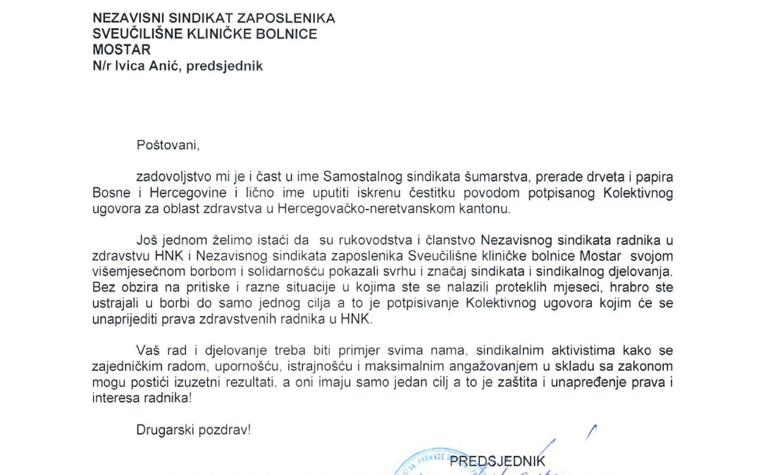 ČESTITKA SSŠPDPBiH SINDIKALCIMA ZDRAVSTVA HNK: VAŠ RAD TREBA BITI PRIMJER SVIMA