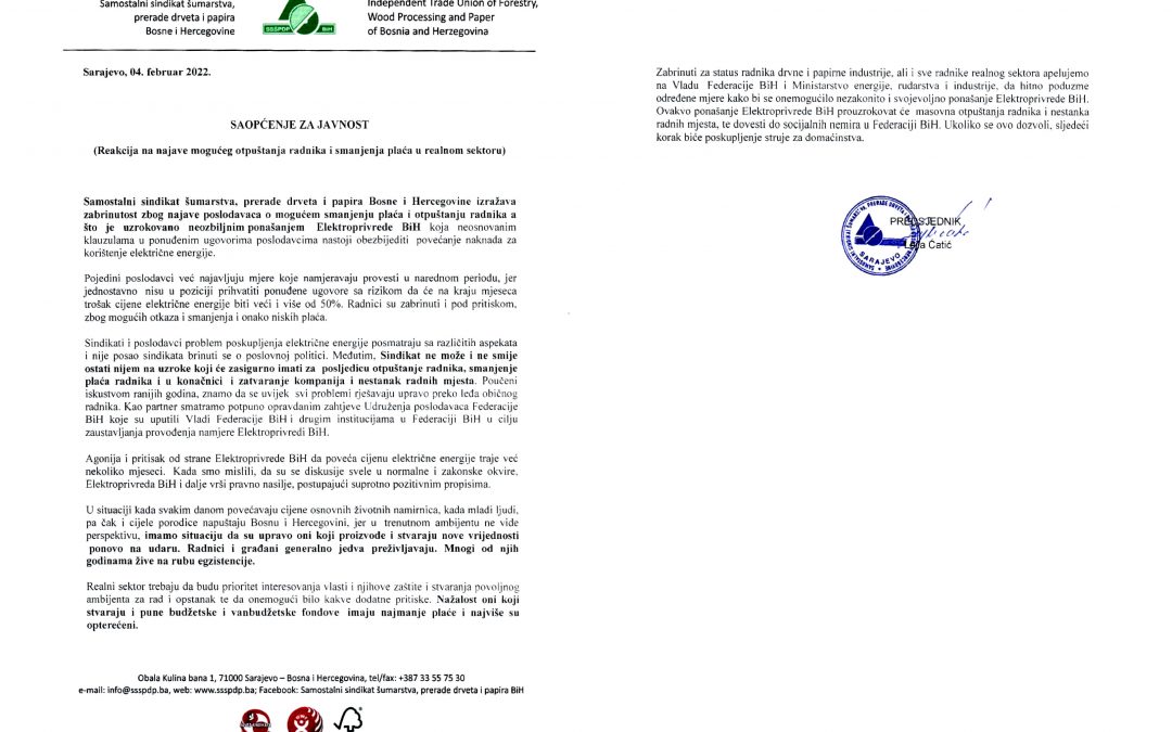 SAOPĆENJE SSŠPDPBIH: ZAUSTAVITE OTPUŠTANJE RADNIKA I SMANJENJE PLAĆA
