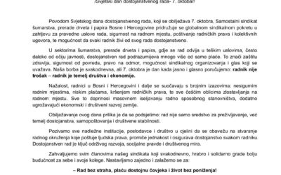 7. OKTOBAR – SVJETSKI DAN DOSTOJANSTVENOG RADA