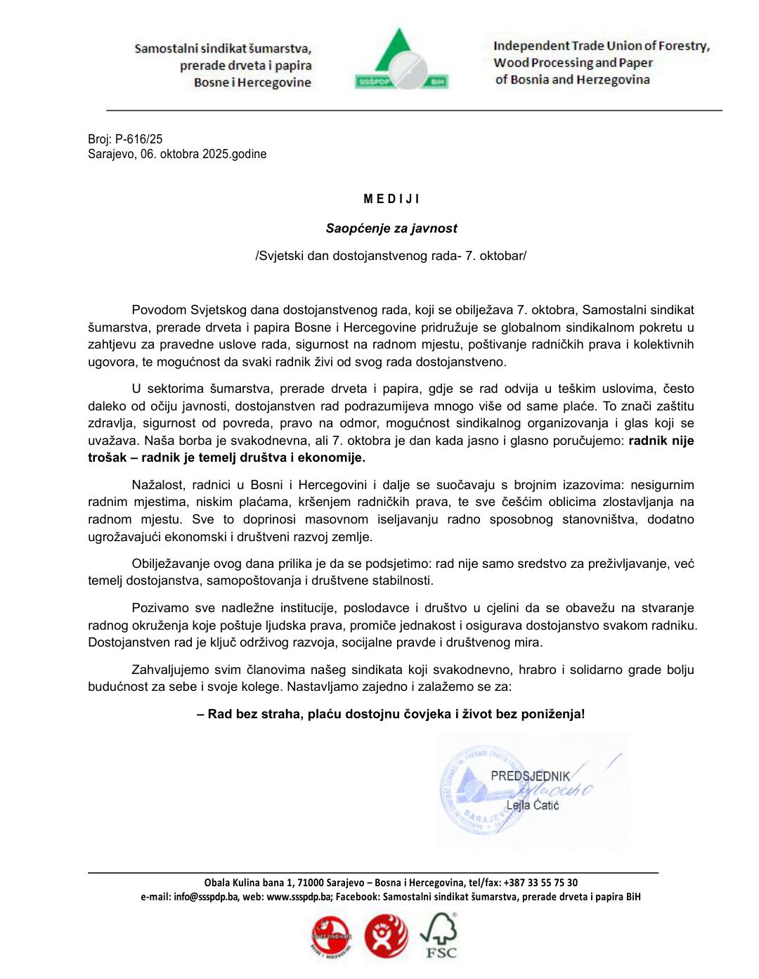 Saopćenje za javnost povodom dana dostojanstvenog rada 7.10.25.