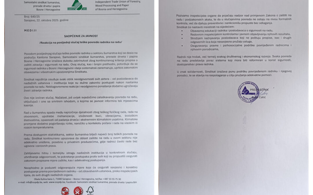 SAOPĆENJE ZA JAVNOST SSŠPDPBIH: REAKCIJA NA POSLJEDNJI SLUČAJ TEŠKE POVREDE RADNIKA NA RADU: SAOPĆENJE ZA JAVNOST SSŠPDPBIH